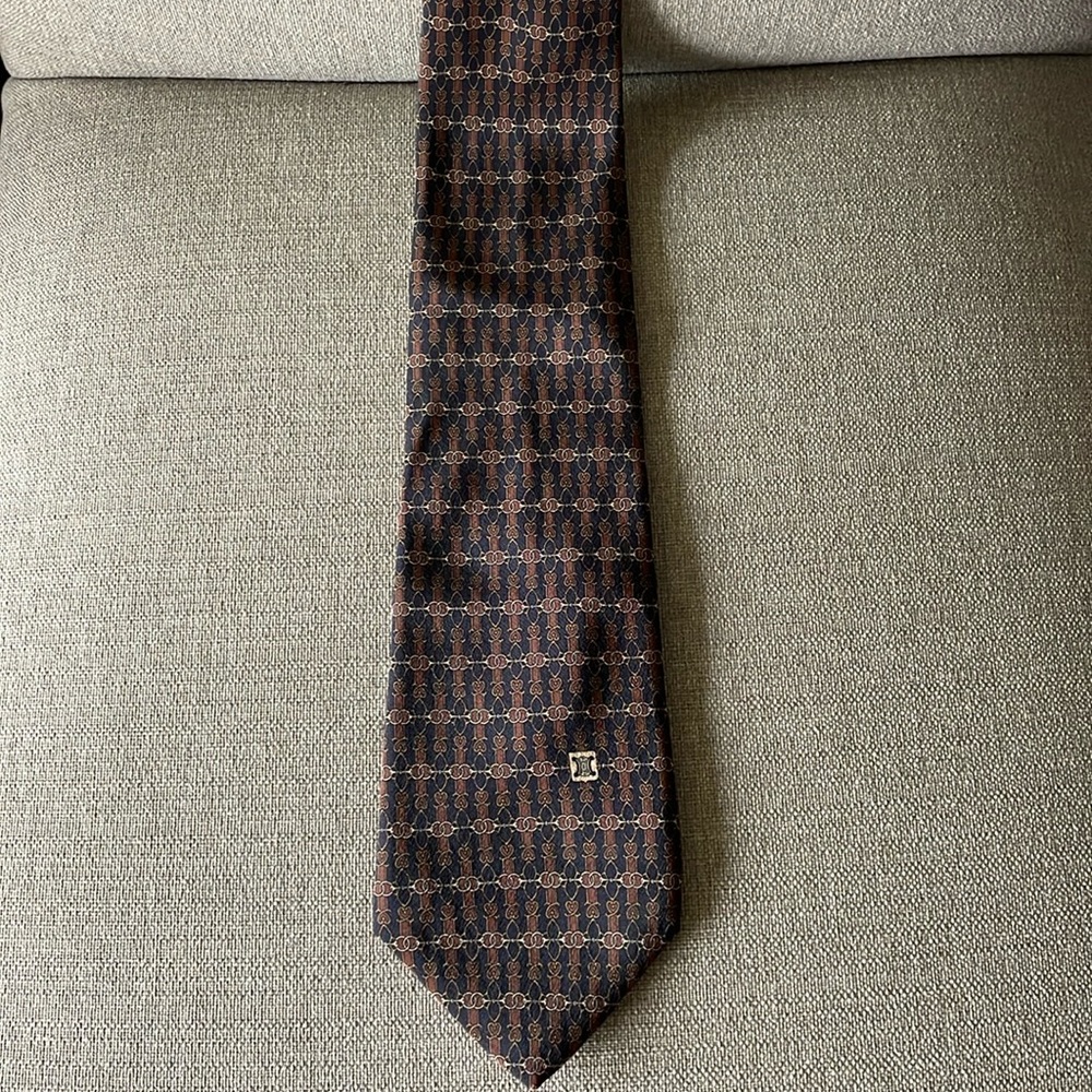 Celine | Vintage Chain Print Interlocking Multicolored Silk Tie - Picture 8 of 16